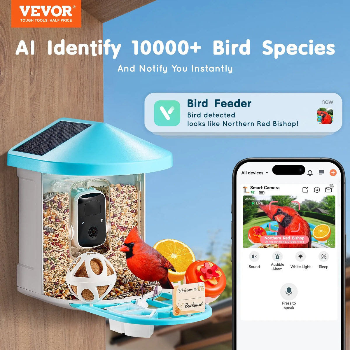 VEVOR Smart Bird Feeder with 2K Camera, AI Species Recognition and 2 Solar Panels