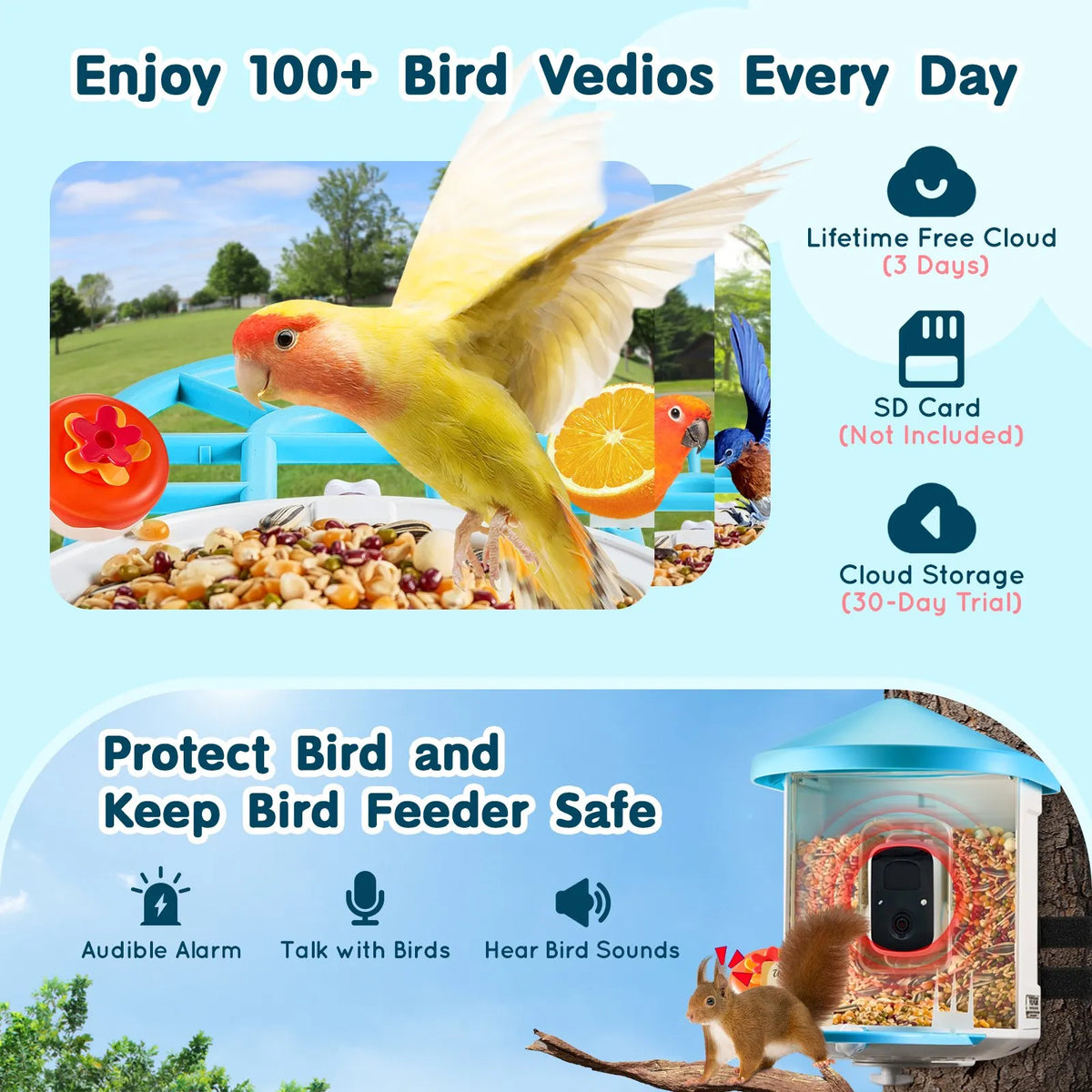 VEVOR Smart Bird Feeder with 2K Camera, AI Species Recognition and 2 Solar Panels