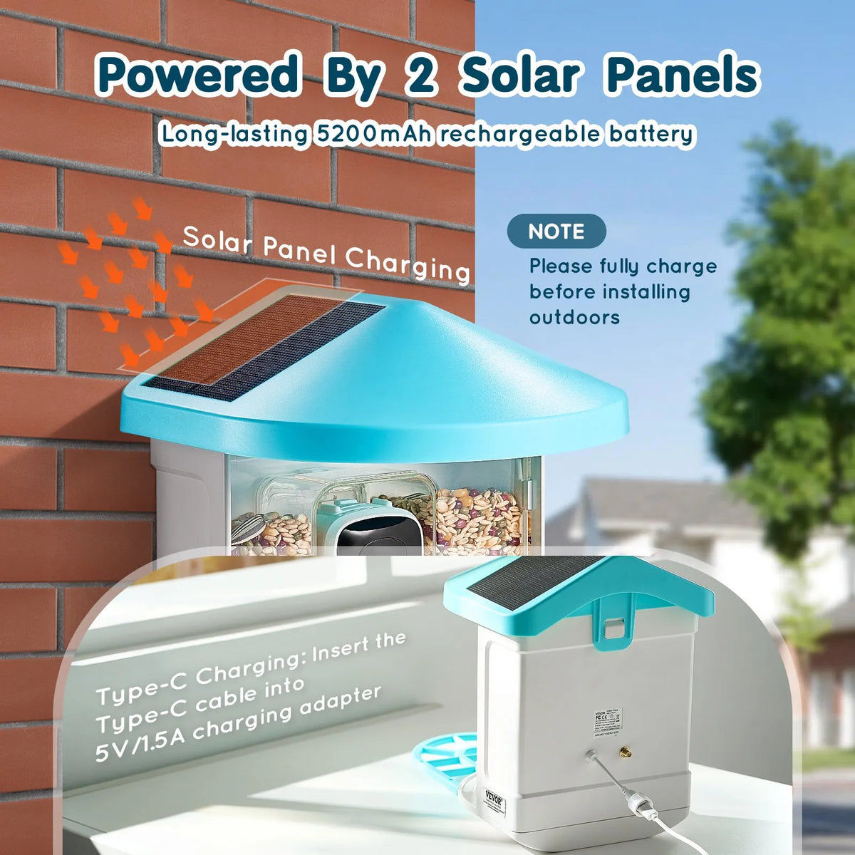 VEVOR Smart Bird Feeder with 2K Camera, AI Species Recognition and 2 Solar Panels