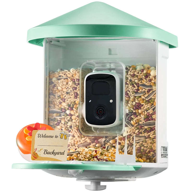 VEVOR viedā putnu barotava ar kameru, 2K HD izšķirtspēja, AI atpazīšana vairāk nekā 10 000 putnu sugām, saules enerģijas darbināma putnu vērošanas kamera ar automātisku uzņemšanu un tūlītējiem paziņojumiem, bezvadu āra lietošanai, ar 3 saules paneļiem