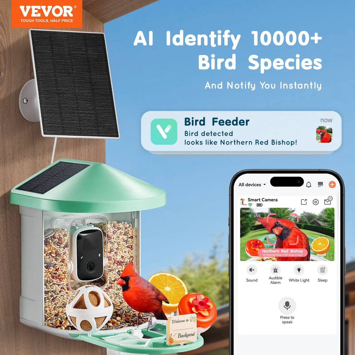 VEVOR Smart Bird Feeder with 2K Camera, AI Species Recognition and 3 Solar Panels, with Automatic Recording