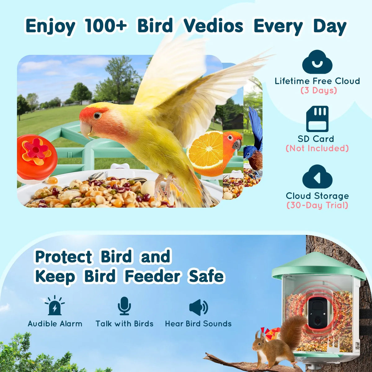 VEVOR Smart Bird Feeder with 2K Camera, AI Species Recognition and 3 Solar Panels, with Automatic Recording