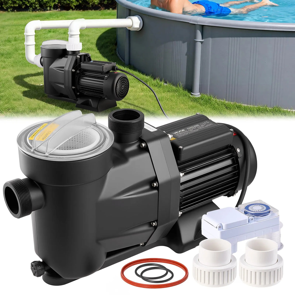 VEVOR Pool Pump 1300 W, up to 28,800 l/h, 220–240 V, 2850 rpm, 17 m Head, with 24 h Timer and Filter Basket, Above-Ground and In-Ground Pools, Spa