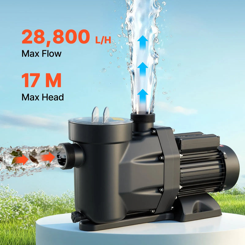 VEVOR baseina sūknis 1300 W, līdz 28 800 l/h, 220–240 V, 2850 apgr./min, 17 m pacēlums, ar 24 h taimeri un filtra grozu, virszemes un iegremdētiem baseiniem, spa