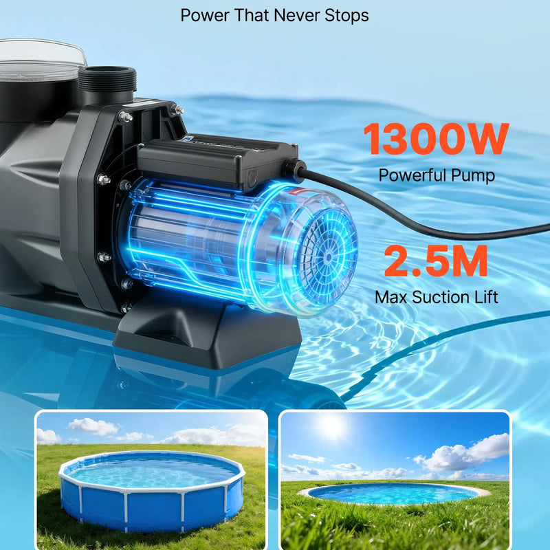 VEVOR baseina sūknis 1300 W, līdz 28 800 l/h, 220–240 V, 2850 apgr./min, 17 m pacēlums, ar 24 h taimeri un filtra grozu, virszemes un iegremdētiem baseiniem, spa