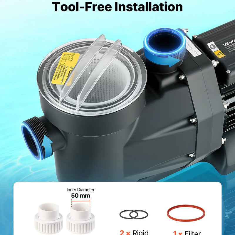 VEVOR baseina sūknis 1300 W, līdz 28 800 l/h, 220–240 V, 2850 apgr./min, 17 m pacēlums, ar 24 h taimeri un filtra grozu, virszemes un iegremdētiem baseiniem, spa