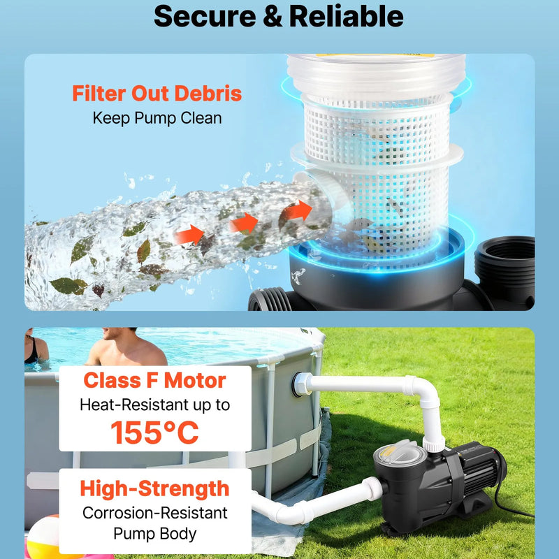 VEVOR baseina sūknis 1300 W, līdz 28 800 l/h, 220–240 V, 2850 apgr./min, 17 m pacēlums, ar 24 h taimeri un filtra grozu, virszemes un iegremdētiem baseiniem, spa