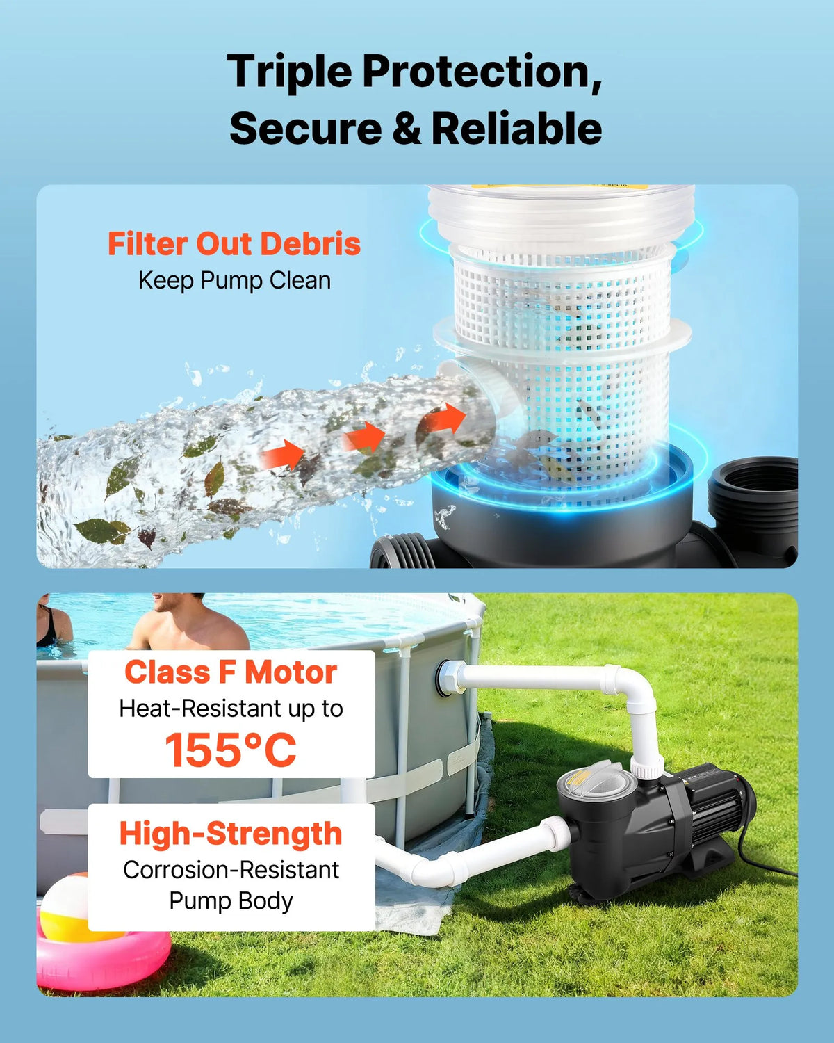 VEVOR Pool Pump 1300 W, up to 28,800 l/h, 220–240 V, 2850 rpm, 17 m Head, with 24 h Timer and Filter Basket, Above-Ground and In-Ground Pools, Spa