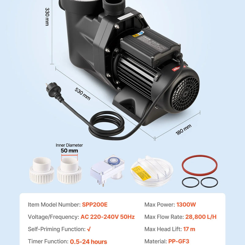 VEVOR baseina sūknis 1300 W, līdz 28 800 l/h, 220–240 V, 2850 apgr./min, 17 m pacēlums, ar 24 h taimeri un filtra grozu, virszemes un iegremdētiem baseiniem, spa