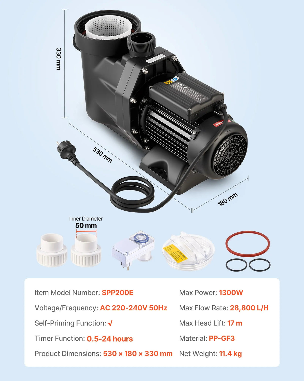 VEVOR Pool Pump 1300 W, up to 28,800 l/h, 220–240 V, 2850 rpm, 17 m Head, with 24 h Timer and Filter Basket, Above-Ground and In-Ground Pools, Spa