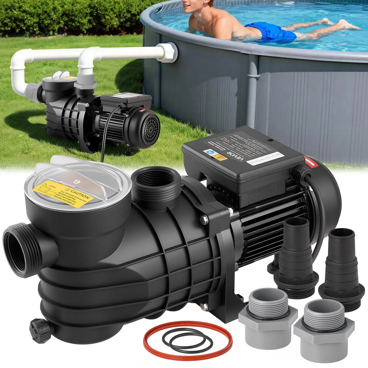 VEVOR Above Ground Pool Pump 250 W, Up to 11,700 l/h, 220–240 V, 2850 RPM, 8 m Lift, with Filter Basket and Cover, Suitable for Pools and Spa