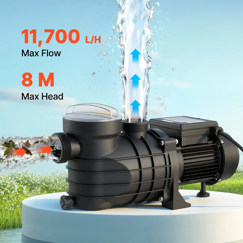 VEVOR virszemes baseina sūknis 250 W, līdz 11 700 l/h, 220–240 V, 2850 apgr./min, 8 m pacēlums, ar filtra grozu un vāku, piemērots baseiniem un spa