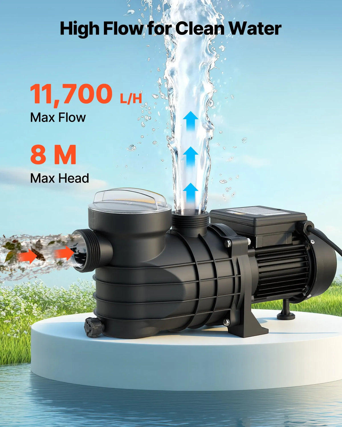 VEVOR Above Ground Pool Pump 250 W, Up to 11,700 l/h, 220–240 V, 2850 RPM, 8 m Lift, with Filter Basket and Cover, Suitable for Pools and Spa