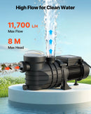 VEVOR virszemes baseina sūknis 250 W, līdz 11 700 l/h, 220–240 V, 2850 apgr./min, 8 m pacēlums, ar filtra grozu un vāku, piemērots baseiniem un spa