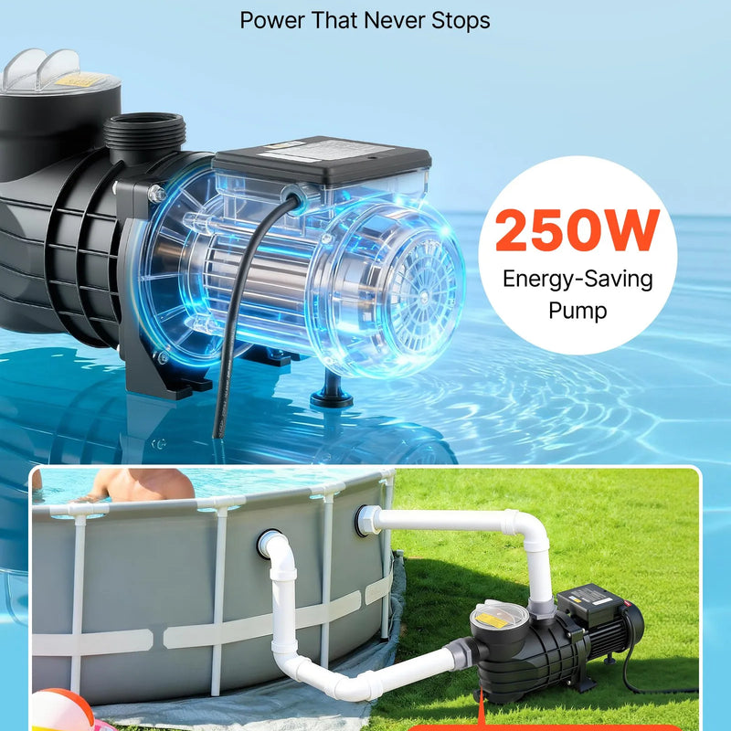 VEVOR virszemes baseina sūknis 250 W, līdz 11 700 l/h, 220–240 V, 2850 apgr./min, 8 m pacēlums, ar filtra grozu un vāku, piemērots baseiniem un spa