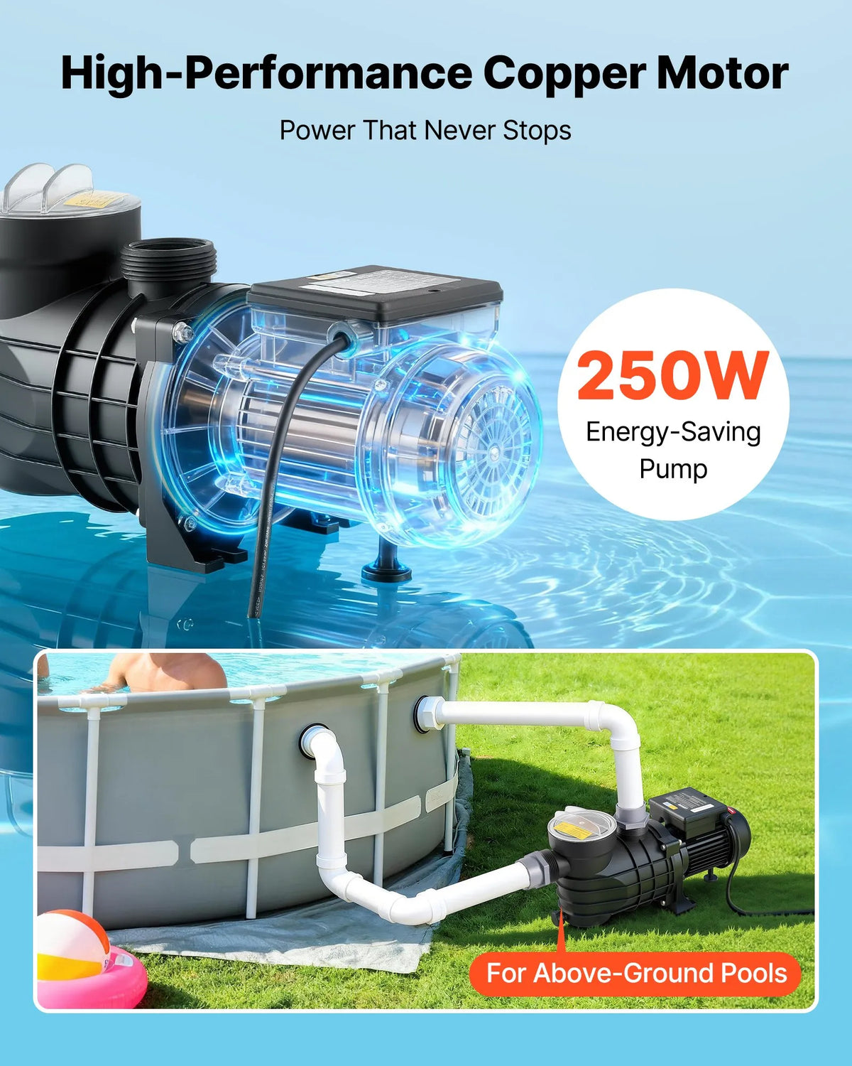 VEVOR Above Ground Pool Pump 250 W, Up to 11,700 l/h, 220–240 V, 2850 RPM, 8 m Lift, with Filter Basket and Cover, Suitable for Pools and Spa