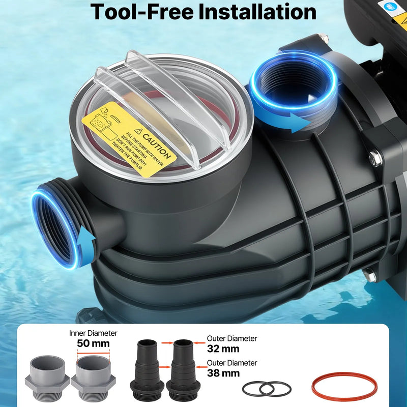 VEVOR virszemes baseina sūknis 250 W, līdz 11 700 l/h, 220–240 V, 2850 apgr./min, 8 m pacēlums, ar filtra grozu un vāku, piemērots baseiniem un spa