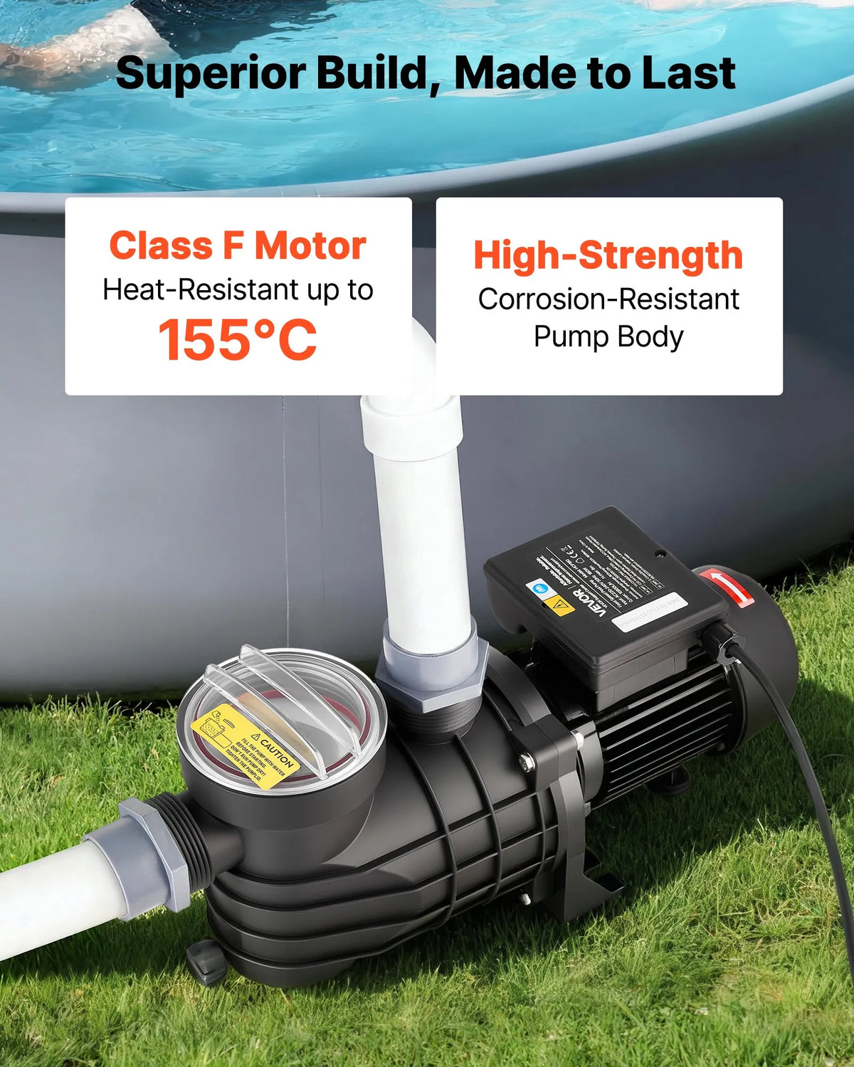 VEVOR Above Ground Pool Pump 250 W, Up to 11,700 l/h, 220–240 V, 2850 RPM, 8 m Lift, with Filter Basket and Cover, Suitable for Pools and Spa