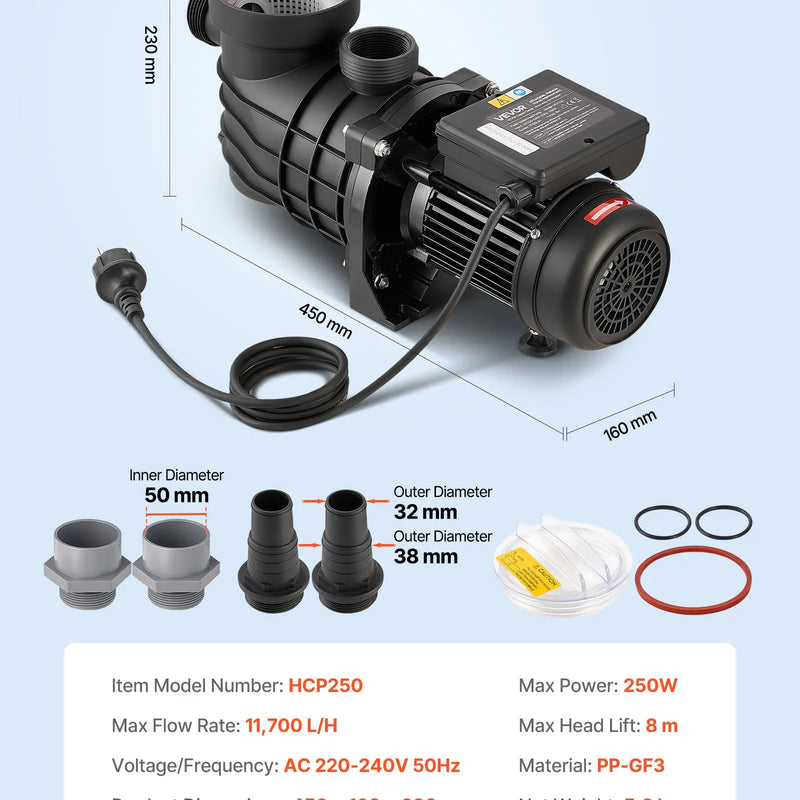 VEVOR virszemes baseina sūknis 250 W, līdz 11 700 l/h, 220–240 V, 2850 apgr./min, 8 m pacēlums, ar filtra grozu un vāku, piemērots baseiniem un spa