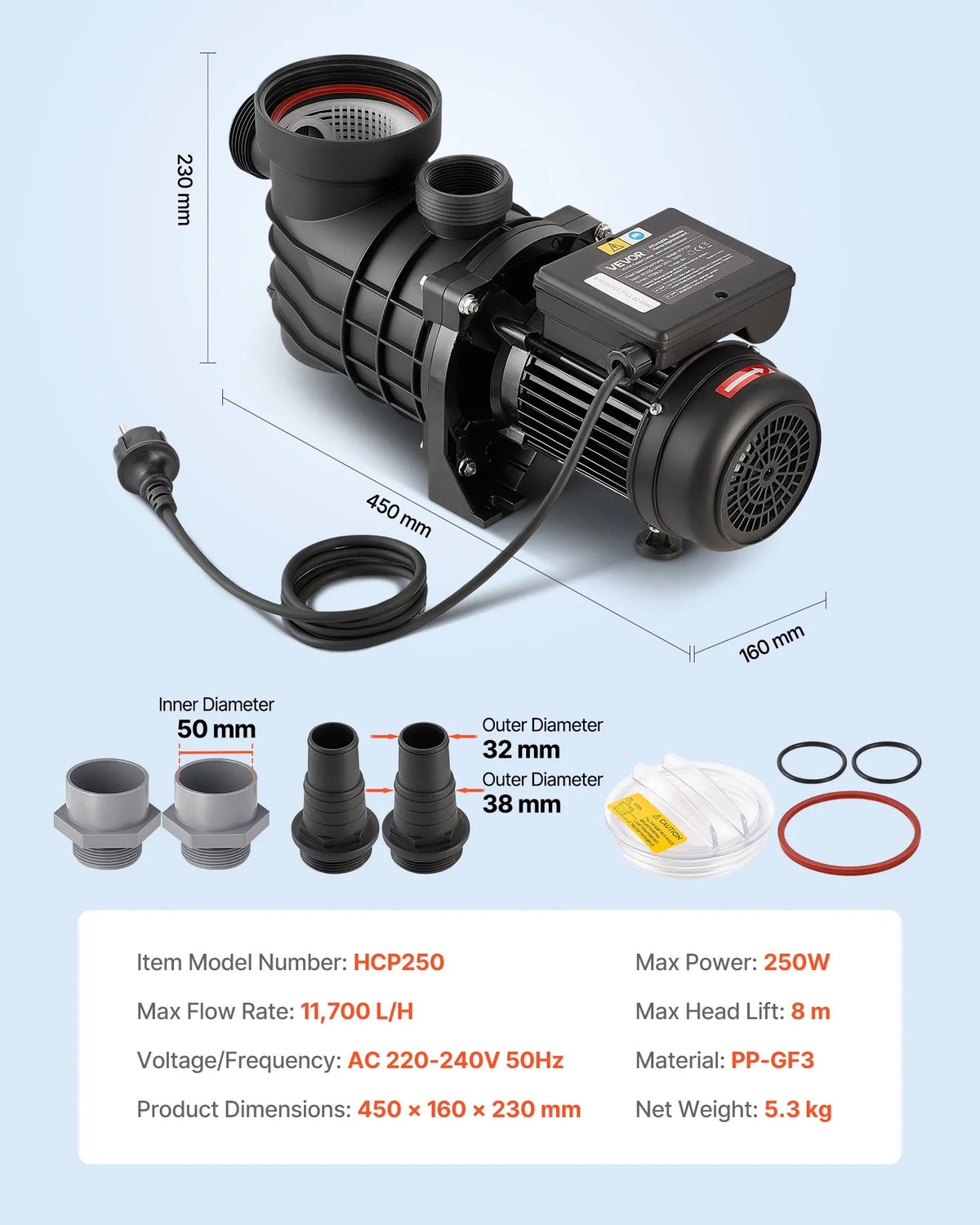 VEVOR Above Ground Pool Pump 250 W, Up to 11,700 l/h, 220–240 V, 2850 RPM, 8 m Lift, with Filter Basket and Cover, Suitable for Pools and Spa