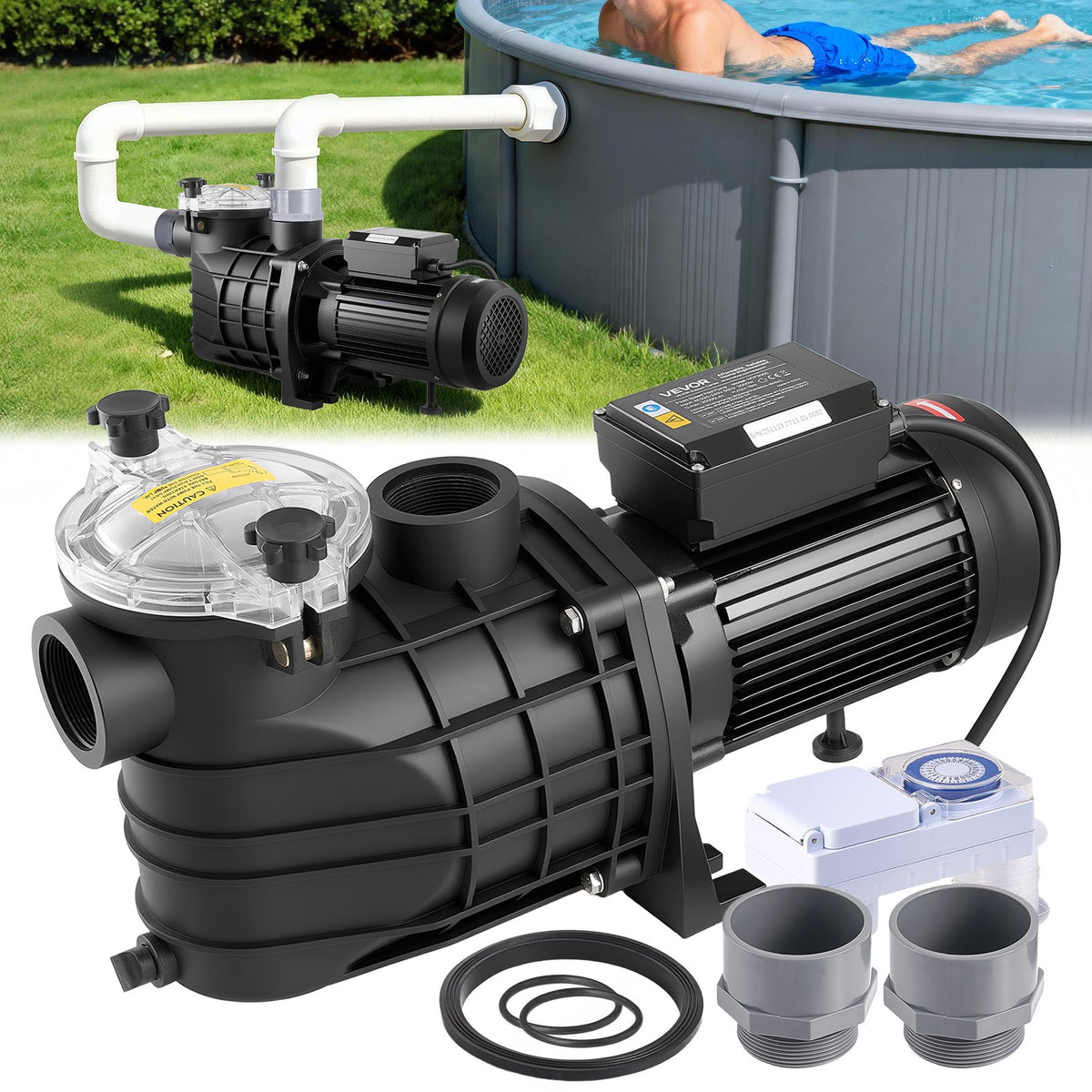 VEVOR Pool Pump 3000 W, Max. Flow 35,000 L/h, Single Speed Swimming Pool Pump, AC 220–240 V, 2860 RPM, Max. Head 19 m, with 24 Hour Timer and Filter Basket, for Above Ground and In-Ground Pools, Hot Tubs and Spas