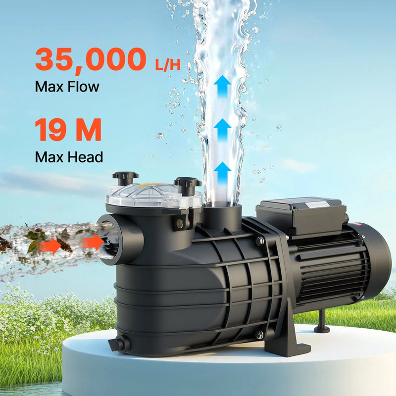 VEVOR Baseina Sūknis 3000 W, Maks. Plūsma 35 000 L/h, Viena Ātruma Peldbaseina Sūknis, AC 220–240 V, 2860 apgr./min., Maks. Pacelšanas Augstums 19 m, ar 24 stundu Taimeri un Filtra Grozu, Virszemes un Iebūvētajiem Baseiniem, Karstajām Vannām un SPA