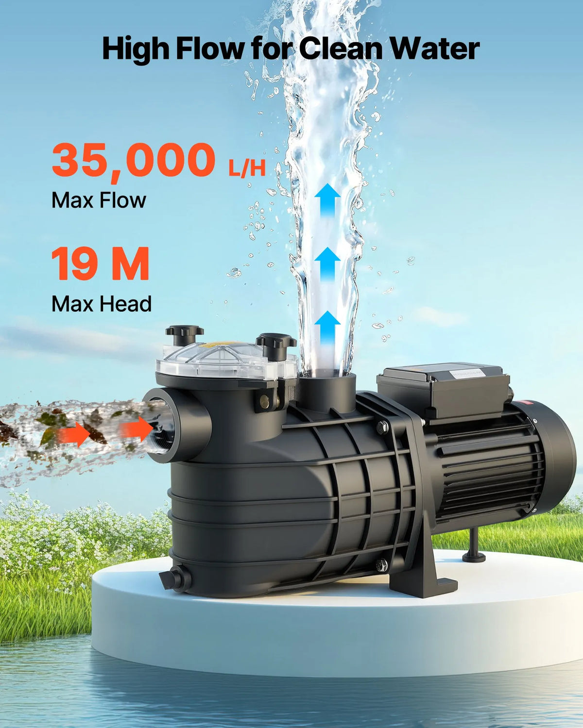 VEVOR Pool Pump 3000 W, Max. Flow 35,000 L/h, Single Speed Swimming Pool Pump, AC 220–240 V, 2860 RPM, Max. Head 19 m, with 24 Hour Timer and Filter Basket, for Above Ground and In-Ground Pools, Hot Tubs and Spas