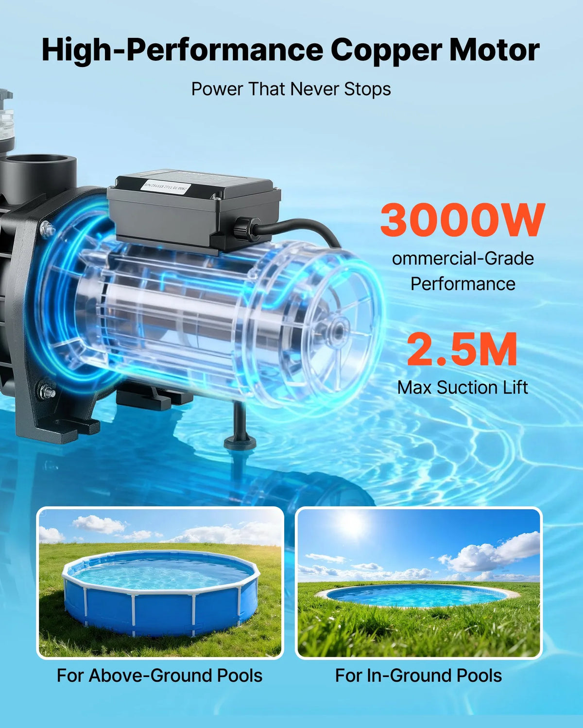 VEVOR Pool Pump 3000 W, Max. Flow 35,000 L/h, Single Speed Swimming Pool Pump, AC 220–240 V, 2860 RPM, Max. Head 19 m, with 24 Hour Timer and Filter Basket, for Above Ground and In-Ground Pools, Hot Tubs and Spas