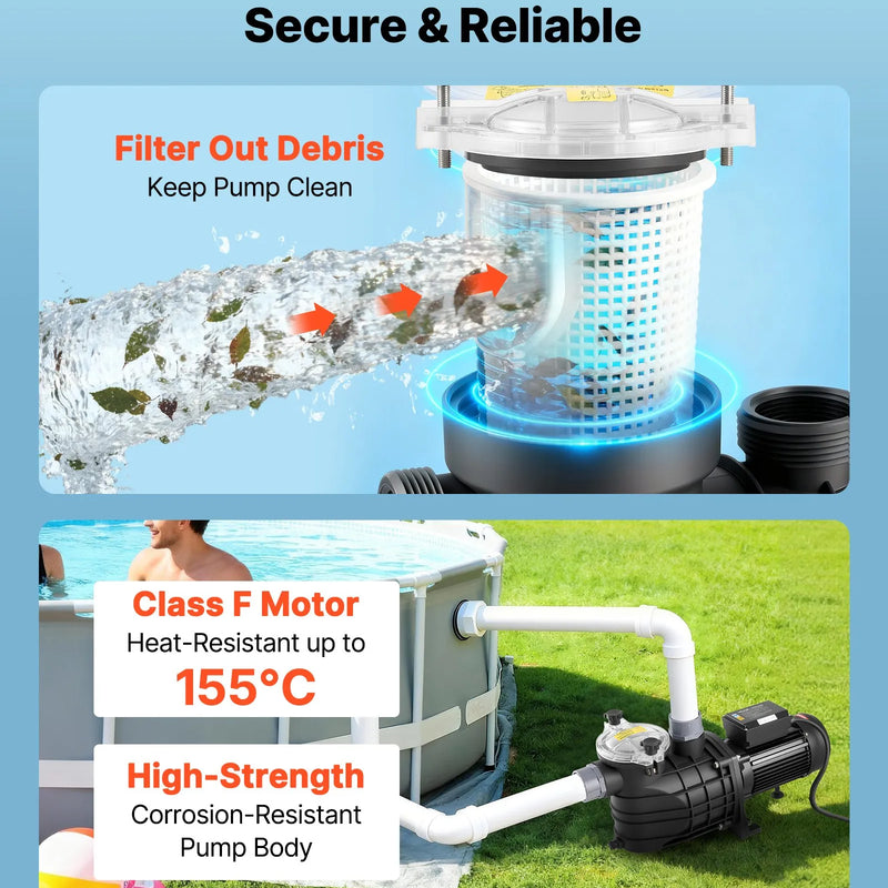 VEVOR Baseina Sūknis 3000 W, Maks. Plūsma 35 000 L/h, Viena Ātruma Peldbaseina Sūknis, AC 220–240 V, 2860 apgr./min., Maks. Pacelšanas Augstums 19 m, ar 24 stundu Taimeri un Filtra Grozu, Virszemes un Iebūvētajiem Baseiniem, Karstajām Vannām un SPA
