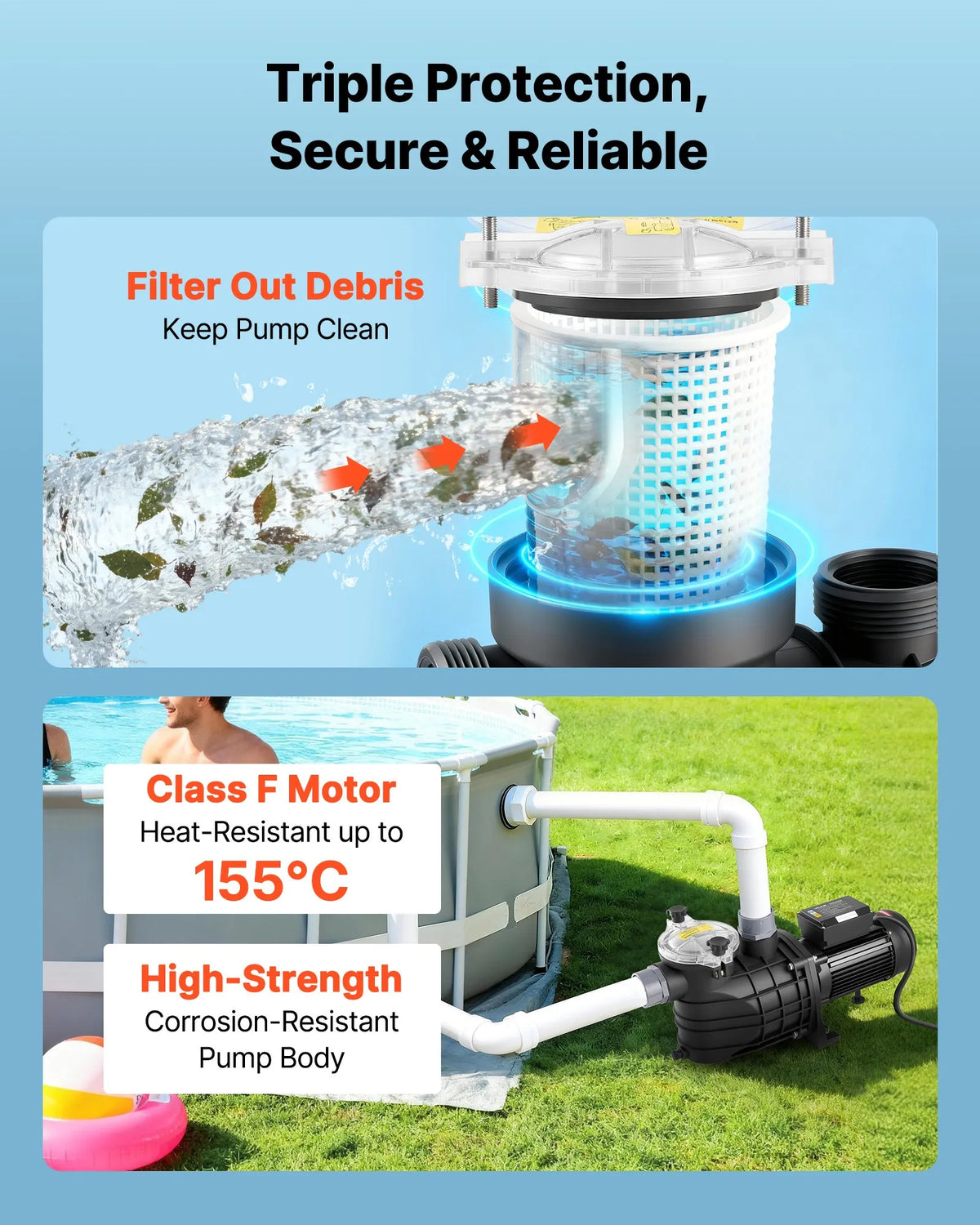 VEVOR Pool Pump 3000 W, Max. Flow 35,000 L/h, Single Speed Swimming Pool Pump, AC 220–240 V, 2860 RPM, Max. Head 19 m, with 24 Hour Timer and Filter Basket, for Above Ground and In-Ground Pools, Hot Tubs and Spas