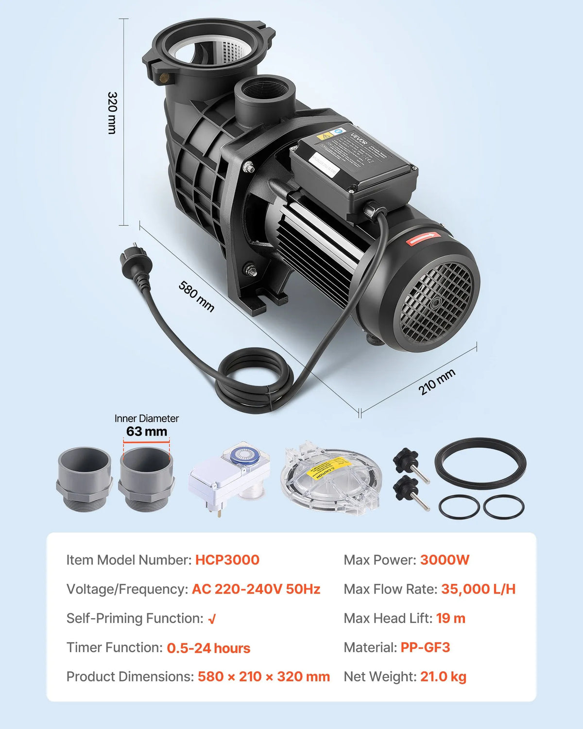 VEVOR Pool Pump 3000 W, Max. Flow 35,000 L/h, Single Speed Swimming Pool Pump, AC 220–240 V, 2860 RPM, Max. Head 19 m, with 24 Hour Timer and Filter Basket, for Above Ground and In-Ground Pools, Hot Tubs and Spas