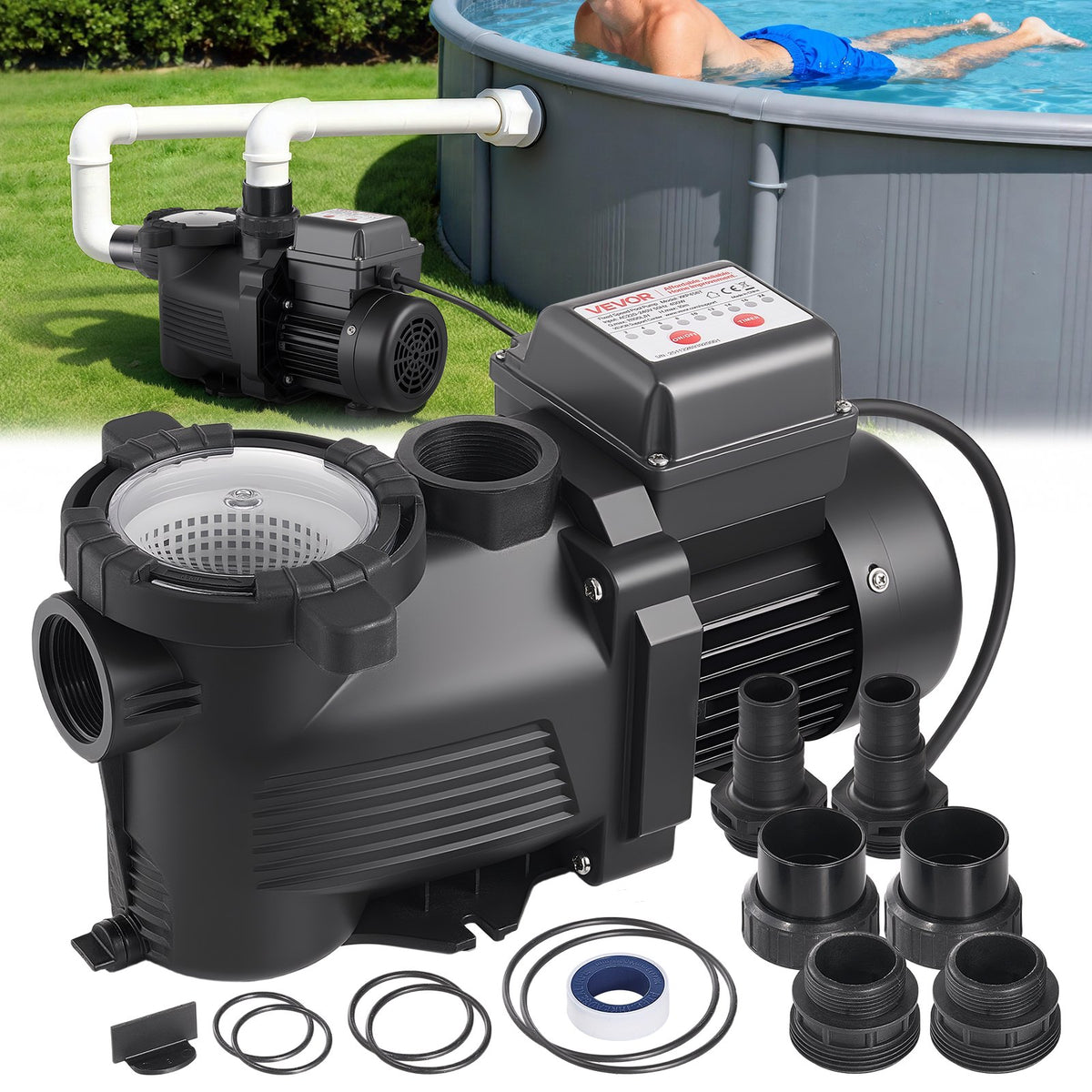VEVOR Pool Pump 400 W, up to 11,100 l/h, 220–240 V, 3450 rpm, 10 m Head, with 24 h Timer and Filter Basket, for Above-Ground and In-Ground Pools, Spa