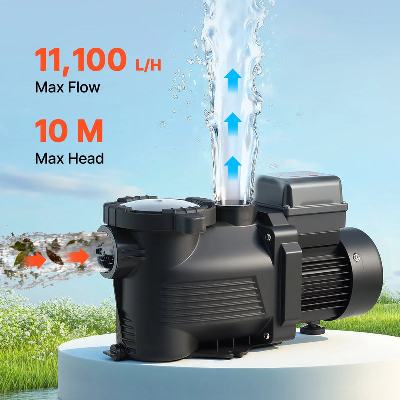 VEVOR baseina sūknis 400 W, līdz 11 100 l/h, 220–240 V, 3450 apgr./min, 10 m pacēlums, ar 24 h taimeri un filtra grozu, virszemes un iegremdētiem baseiniem, spa