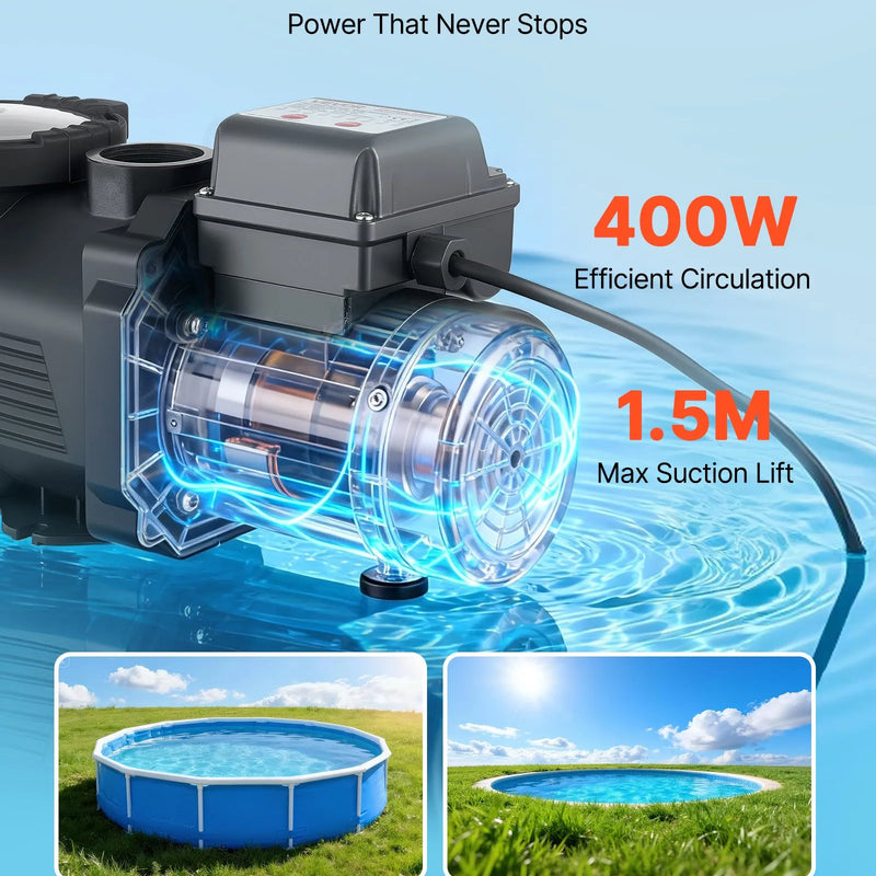 VEVOR baseina sūknis 400 W, līdz 11 100 l/h, 220–240 V, 3450 apgr./min, 10 m pacēlums, ar 24 h taimeri un filtra grozu, virszemes un iegremdētiem baseiniem, spa