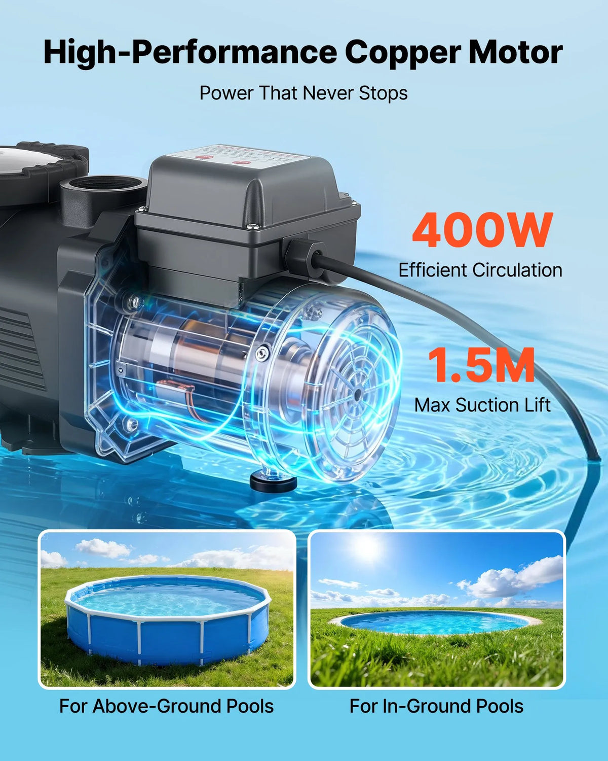 VEVOR Pool Pump 400 W, up to 11,100 l/h, 220–240 V, 3450 rpm, 10 m Head, with 24 h Timer and Filter Basket, for Above-Ground and In-Ground Pools, Spa