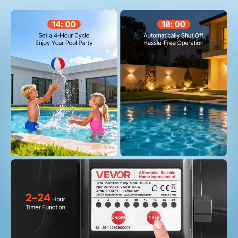 VEVOR baseina sūknis 400 W, līdz 11 100 l/h, 220–240 V, 3450 apgr./min, 10 m pacēlums, ar 24 h taimeri un filtra grozu, virszemes un iegremdētiem baseiniem, spa