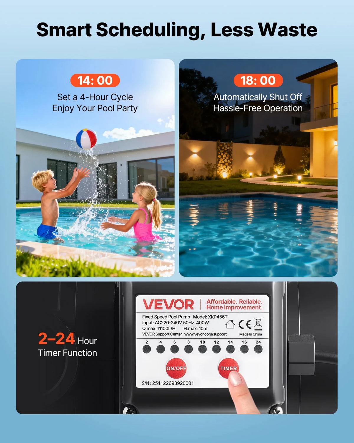 VEVOR Pool Pump 400 W, up to 11,100 l/h, 220–240 V, 3450 rpm, 10 m Head, with 24 h Timer and Filter Basket, for Above-Ground and In-Ground Pools, Spa