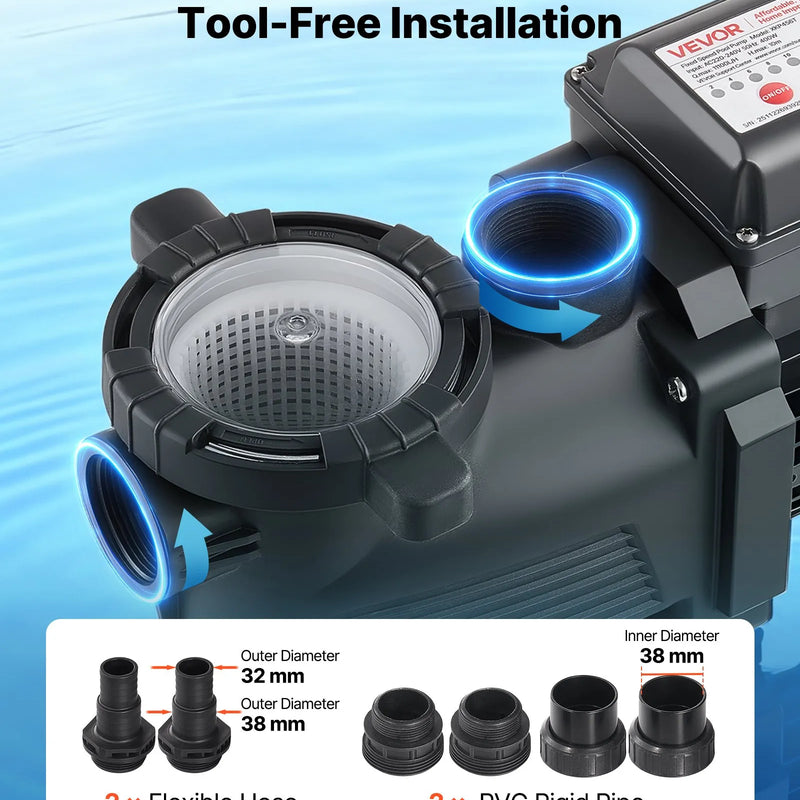 VEVOR baseina sūknis 400 W, līdz 11 100 l/h, 220–240 V, 3450 apgr./min, 10 m pacēlums, ar 24 h taimeri un filtra grozu, virszemes un iegremdētiem baseiniem, spa