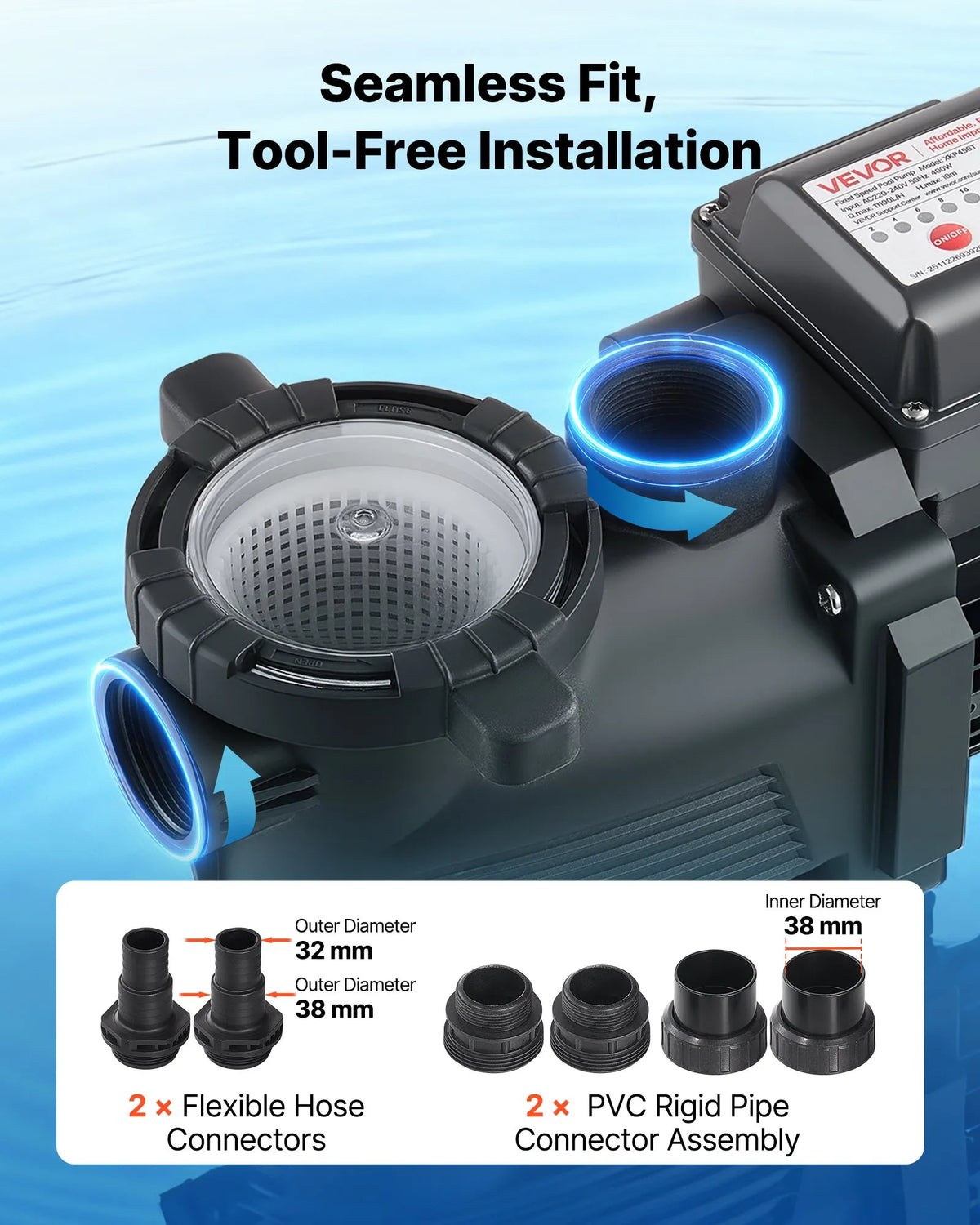 VEVOR Pool Pump 400 W, up to 11,100 l/h, 220–240 V, 3450 rpm, 10 m Head, with 24 h Timer and Filter Basket, for Above-Ground and In-Ground Pools, Spa