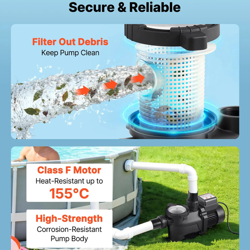 VEVOR baseina sūknis 400 W, līdz 11 100 l/h, 220–240 V, 3450 apgr./min, 10 m pacēlums, ar 24 h taimeri un filtra grozu, virszemes un iegremdētiem baseiniem, spa