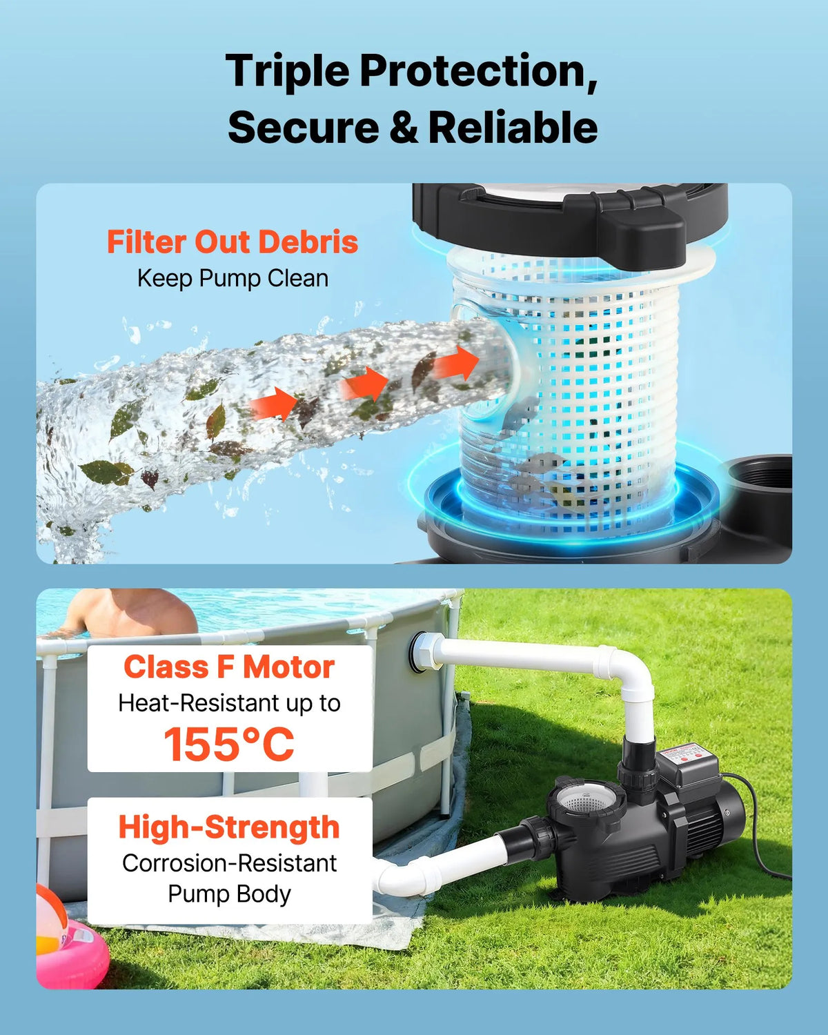 VEVOR Pool Pump 400 W, up to 11,100 l/h, 220–240 V, 3450 rpm, 10 m Head, with 24 h Timer and Filter Basket, for Above-Ground and In-Ground Pools, Spa
