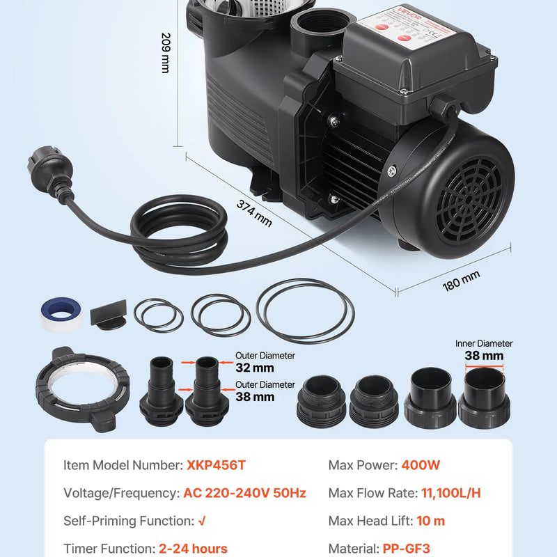 VEVOR baseina sūknis 400 W, līdz 11 100 l/h, 220–240 V, 3450 apgr./min, 10 m pacēlums, ar 24 h taimeri un filtra grozu, virszemes un iegremdētiem baseiniem, spa