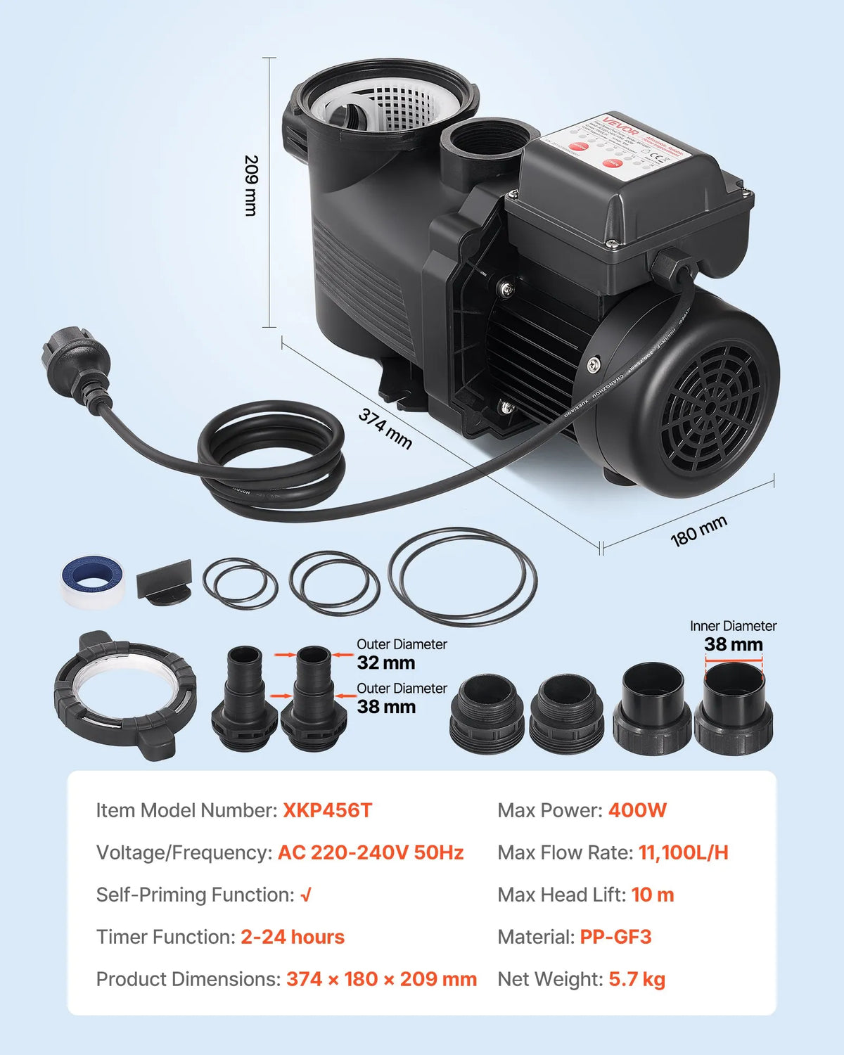 VEVOR Pool Pump 400 W, up to 11,100 l/h, 220–240 V, 3450 rpm, 10 m Head, with 24 h Timer and Filter Basket, for Above-Ground and In-Ground Pools, Spa