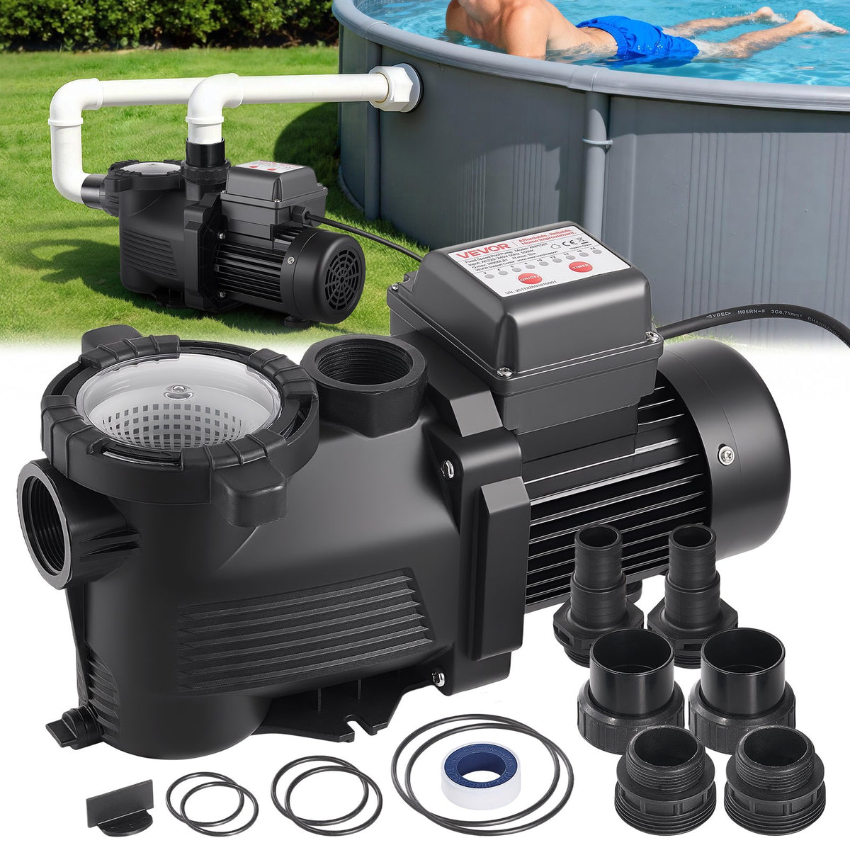 VEVOR Pool Pump 550 W, up to 14,000 l/h, 220–240 V, 3450 rpm, 12 m lift, with 24 h timer and filter basket, above-ground and in-ground pools, spa
