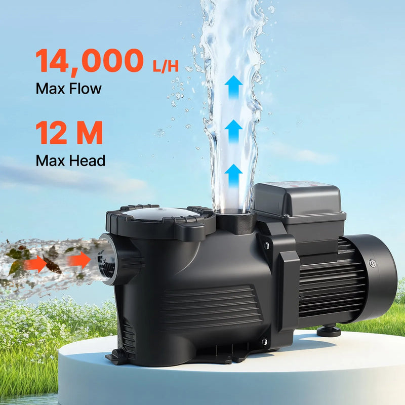 VEVOR baseina sūknis 550 W, līdz 14 000 l/h, 220–240 V, 3450 apgr./min, 12 m pacēlums, ar 24 h taimeri un filtra grozu, virszemes un iegremdētiem baseiniem, spa