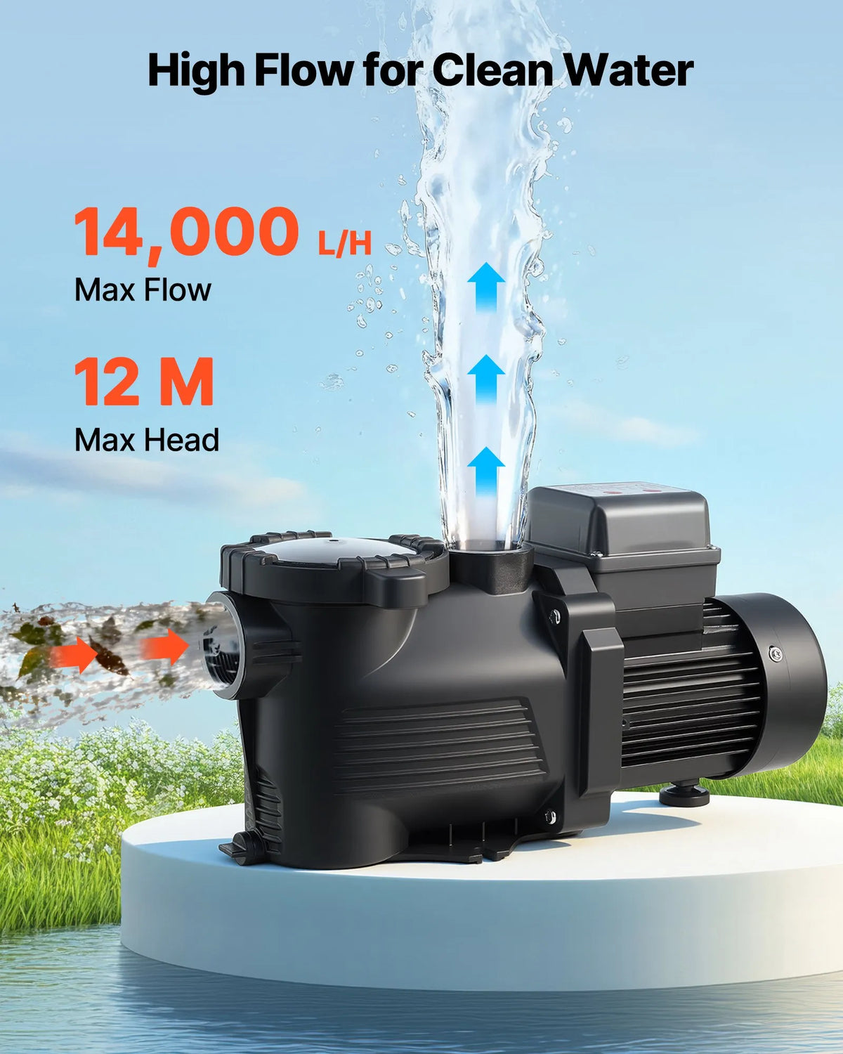 VEVOR Pool Pump 550 W, up to 14,000 l/h, 220–240 V, 3450 rpm, 12 m lift, with 24 h timer and filter basket, above-ground and in-ground pools, spa