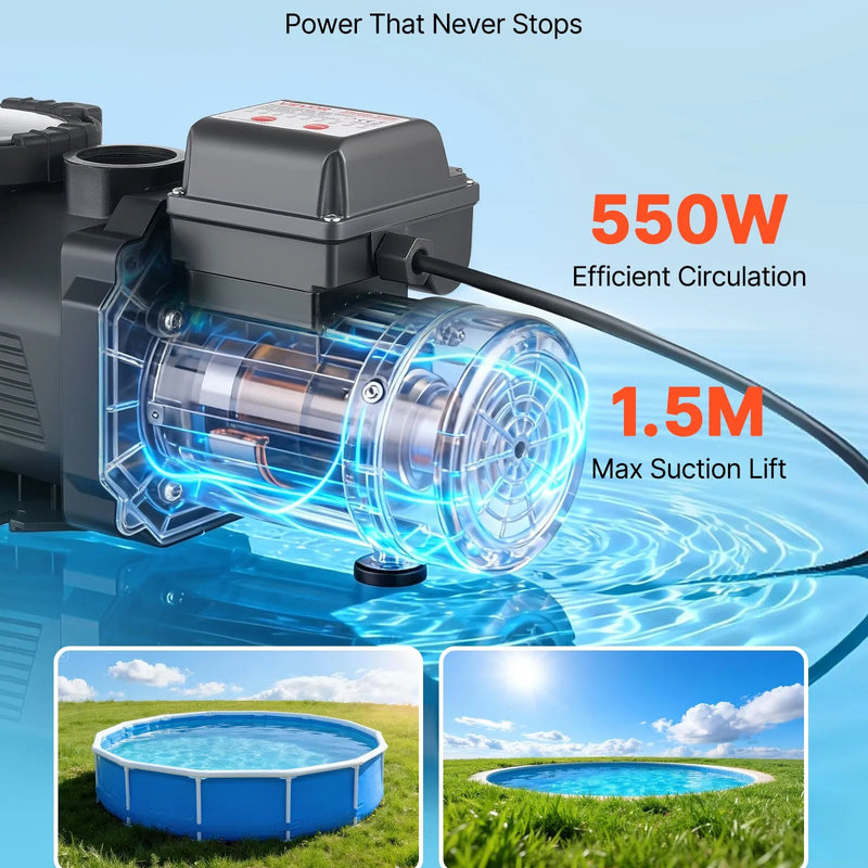 VEVOR baseina sūknis 550 W, līdz 14 000 l/h, 220–240 V, 3450 apgr./min, 12 m pacēlums, ar 24 h taimeri un filtra grozu, virszemes un iegremdētiem baseiniem, spa