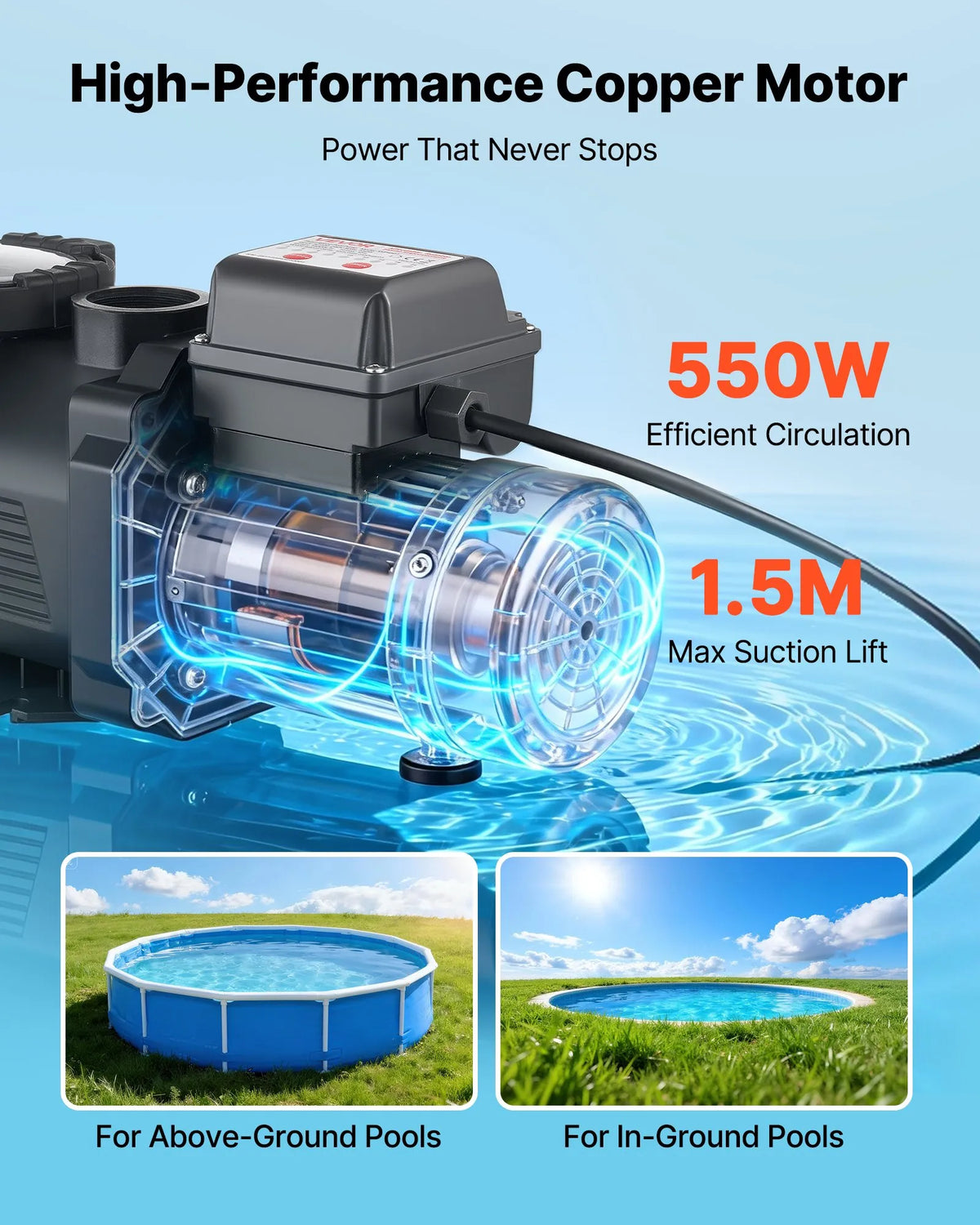VEVOR Pool Pump 550 W, up to 14,000 l/h, 220–240 V, 3450 rpm, 12 m lift, with 24 h timer and filter basket, above-ground and in-ground pools, spa