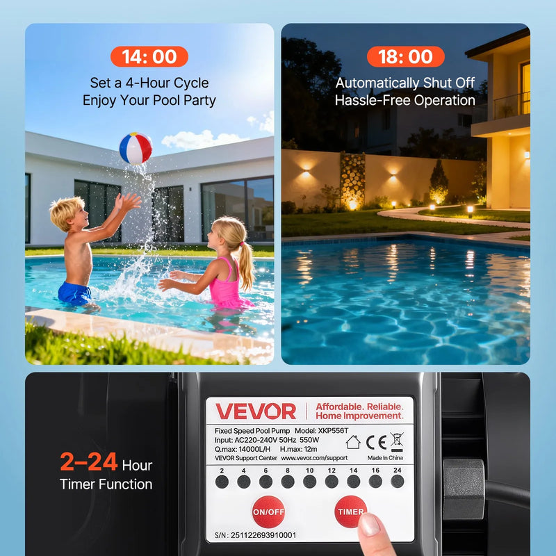 VEVOR baseina sūknis 550 W, līdz 14 000 l/h, 220–240 V, 3450 apgr./min, 12 m pacēlums, ar 24 h taimeri un filtra grozu, virszemes un iegremdētiem baseiniem, spa