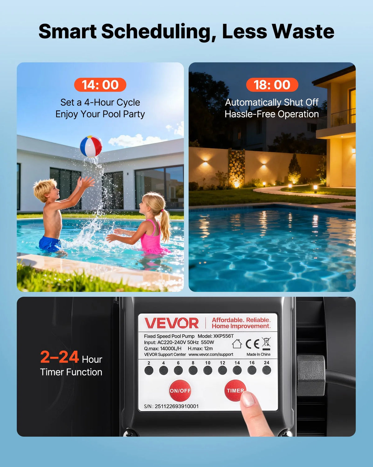 VEVOR Pool Pump 550 W, up to 14,000 l/h, 220–240 V, 3450 rpm, 12 m lift, with 24 h timer and filter basket, above-ground and in-ground pools, spa